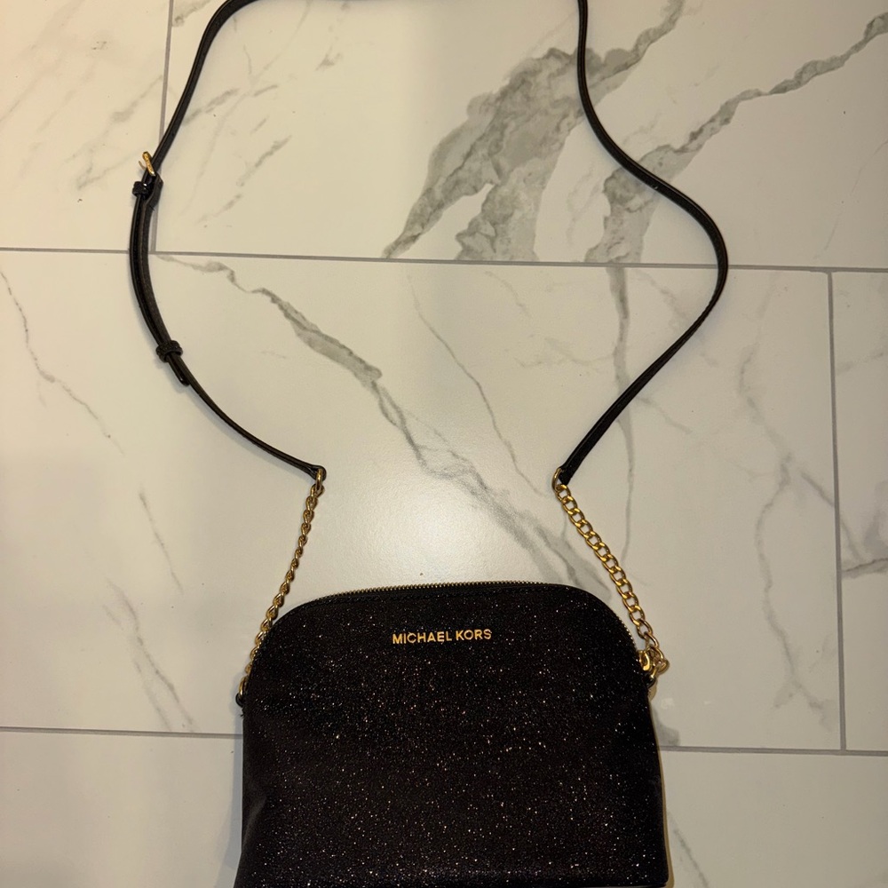 Michael Kors Glittery Black Crossbody Bag with Gold Chain